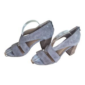 Lucky Brand Vidva Strappy Suede Chunky Stacked Sandal Heel Zip Back Titanium 8M